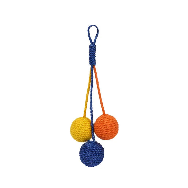 Four-piece cat toy set featuring a teaser stick and a catnip ball on a blue background