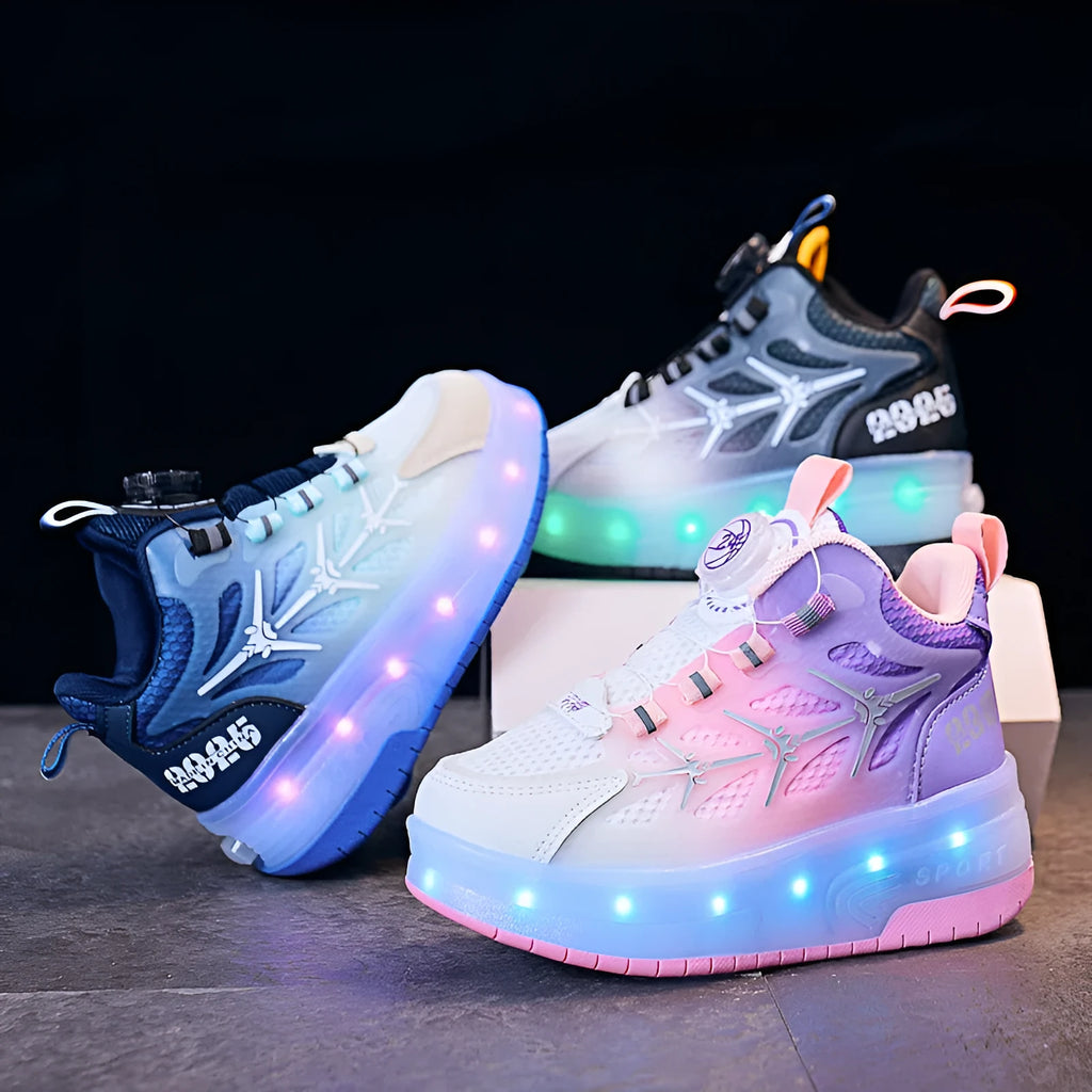 Children's striped roller skating shoes with rotary button adjustment in blue, black, and pink colours