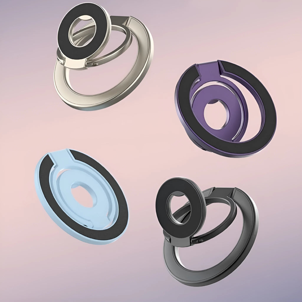 Double ring magnetic phone holder in cool black with alloy build and fastened ring for car use