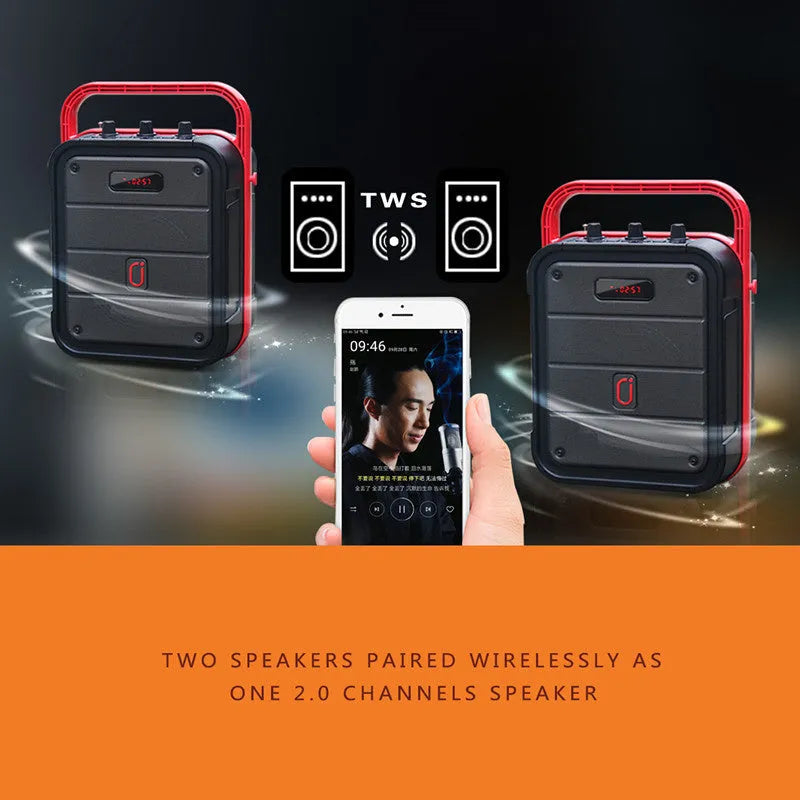 MS62AI portable Bluetooth speaker with wireless microphone, measuring 241x145x329mm.