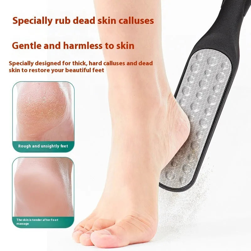 Stainless steel double-sided foot grinder tool with white and black abrasive units for manual foot care.