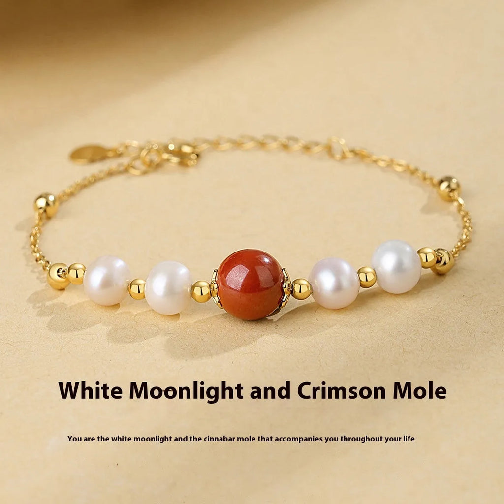 Retro women's silver bracelet with yellow red bean pearl and cinnabar beads on adjustable chain