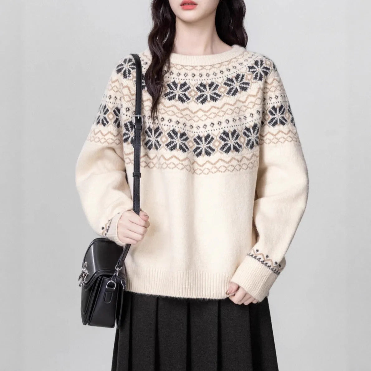 Milky White women's vintage Fair Isle geometric pattern pullover sweater with a loose fit and crew neck.