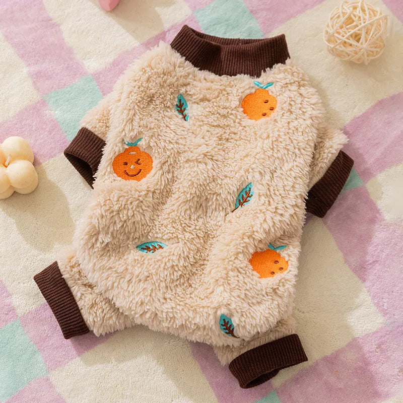 Brown fleece dog onesie with orange fruit embroidery on the back, four-legged design for small medium pets