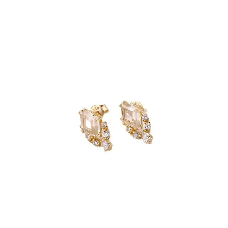Geometric 925 silver stud earrings with sweet white electroplated crystals