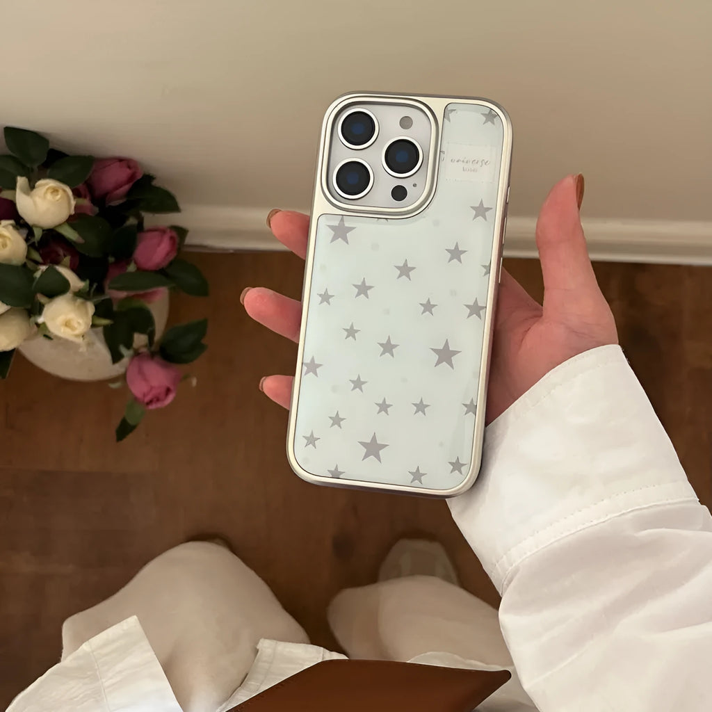 Blue epoxy phone case with five-pointed star pattern and electroplated silver edge for iPhone 15 Pro Max