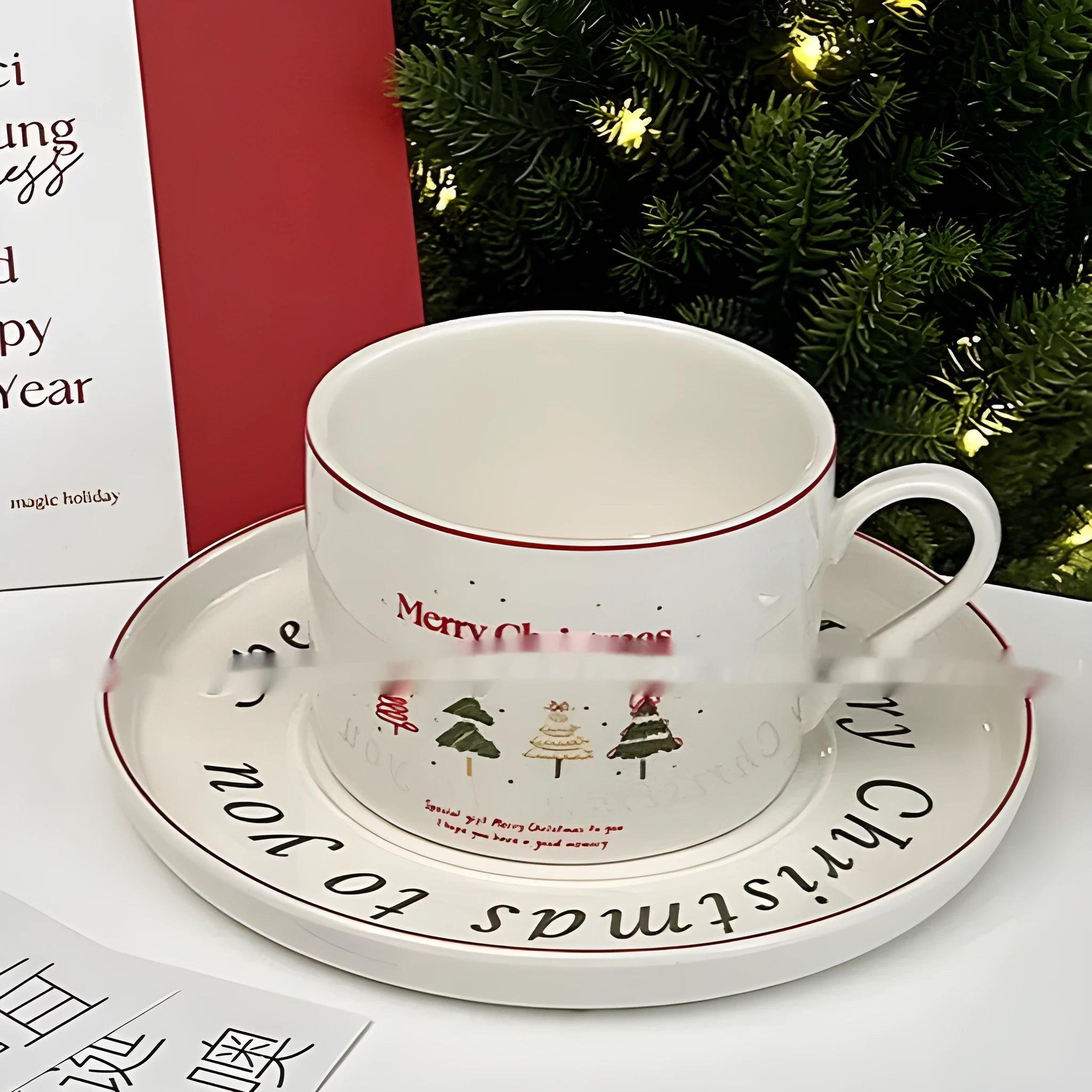 Ceramic Christmas tree pattern coffee cup and saucer set, 180ml cup with 15.2cm saucer, round shape