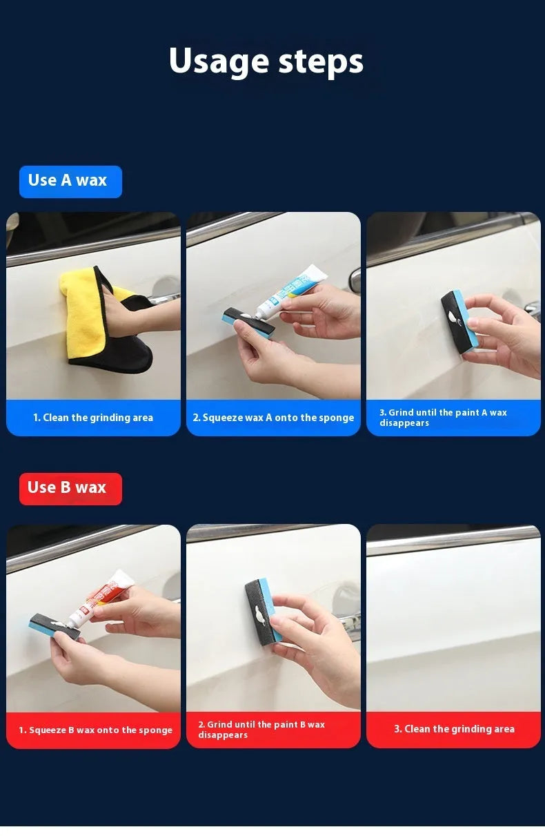 Car scratch repair wax kit showing A wax, B wax, and a frosted sponge mop for paint polishing