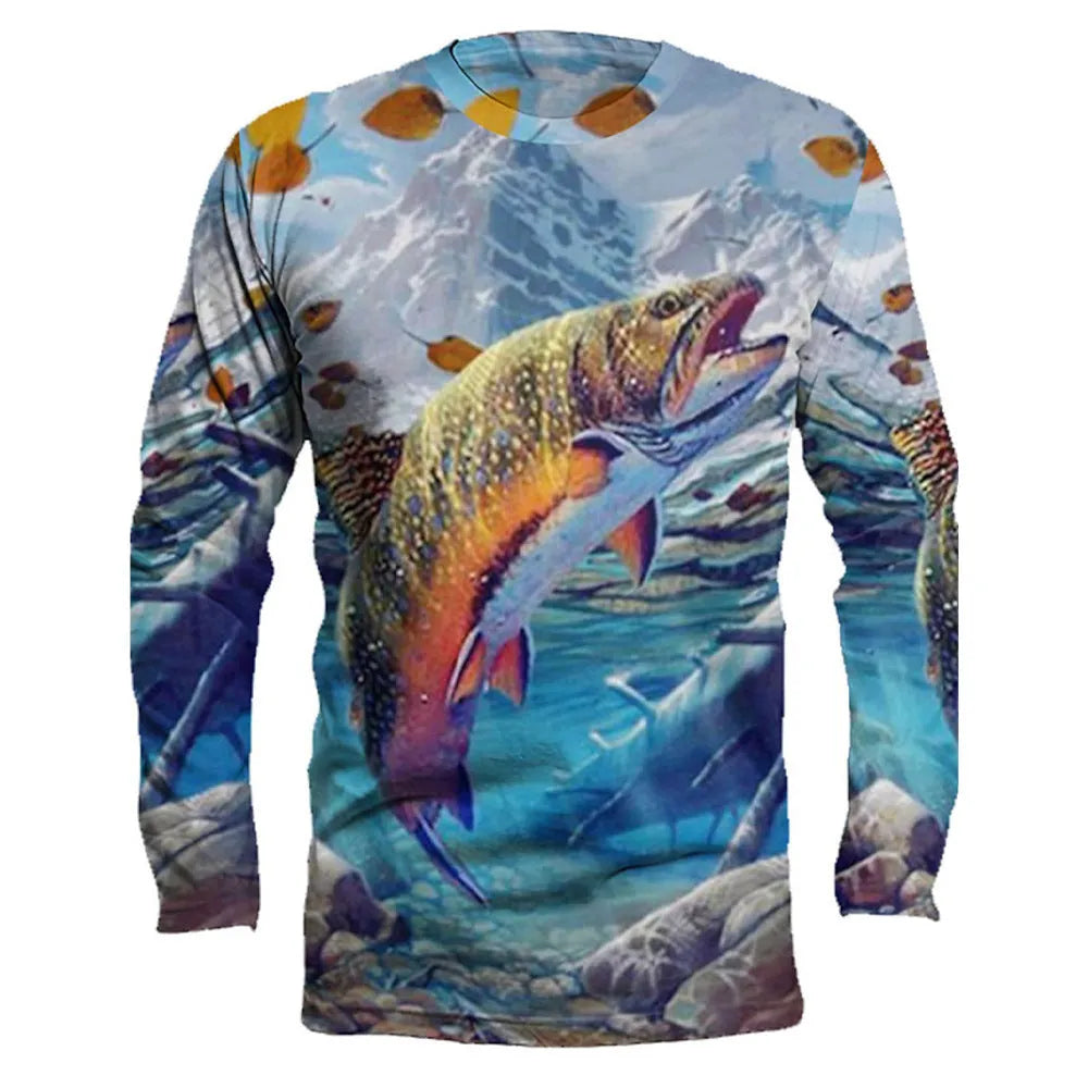 Men's grey round neck long-sleeved pullover with a white fish print design on the chest.