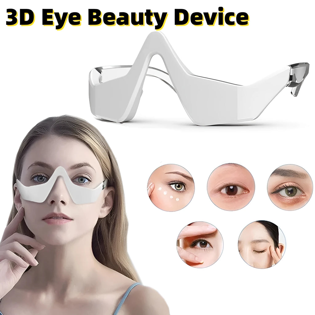 Pink and white 3D micro-current eye massager with glasses-style design on a stand.