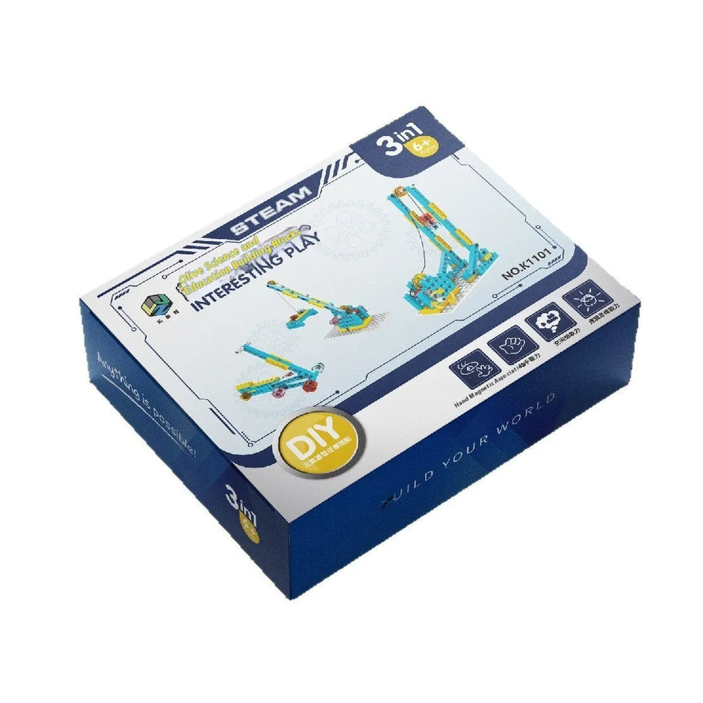 3-in-1 mechanical gear building block set showing multiple model options in colour box packaging