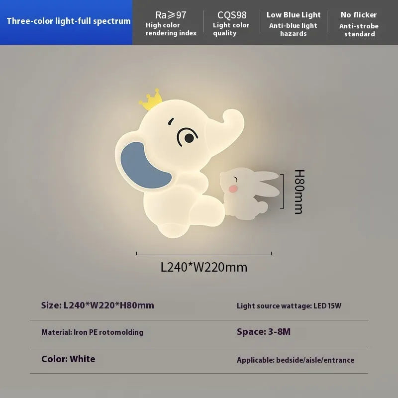 White cartoon elephant wall light with tricolour dimming, 22cm balloon elephant design, on a wall in a child's room