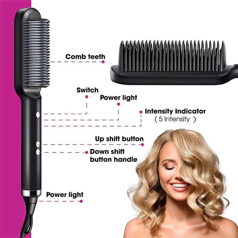 Red dual-function hair straightener comb with curling tong and tourmaline ceramic plates