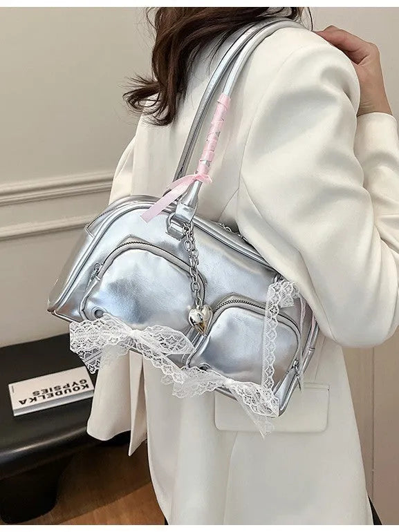 Beige PU shoulder bag with mobile phone pocket and double connector straps on horizontal square suitcase shape