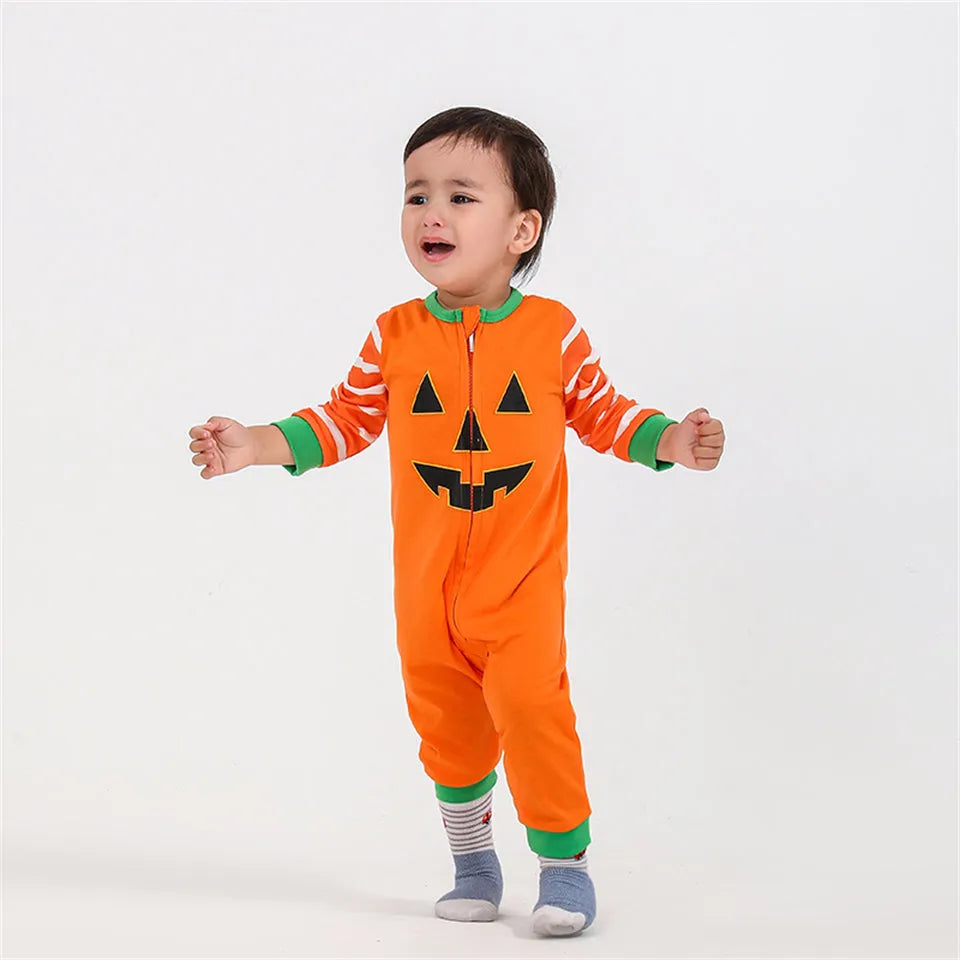 Orange cartoon print polyester family pajama set with top and trousers for Halloween