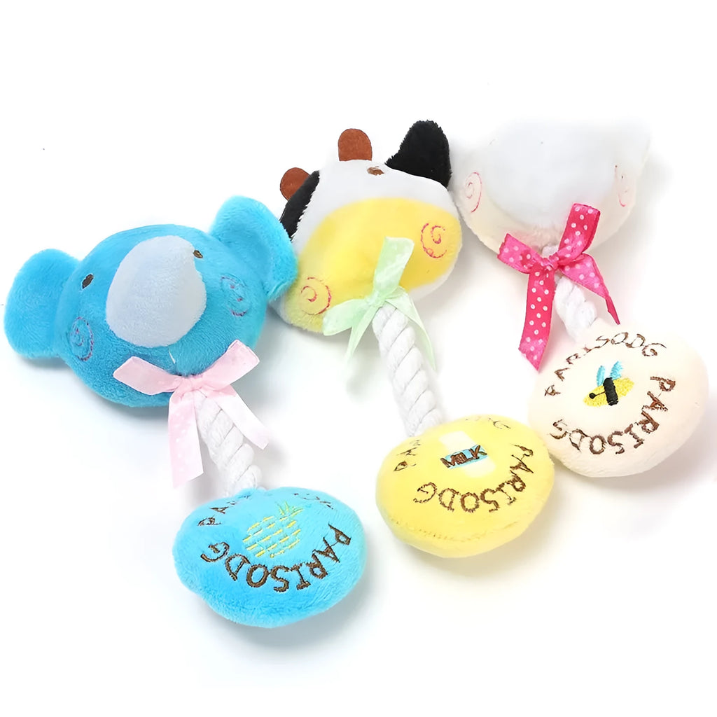 Dog plush squeaker toy with cotton rope tug in animal designs