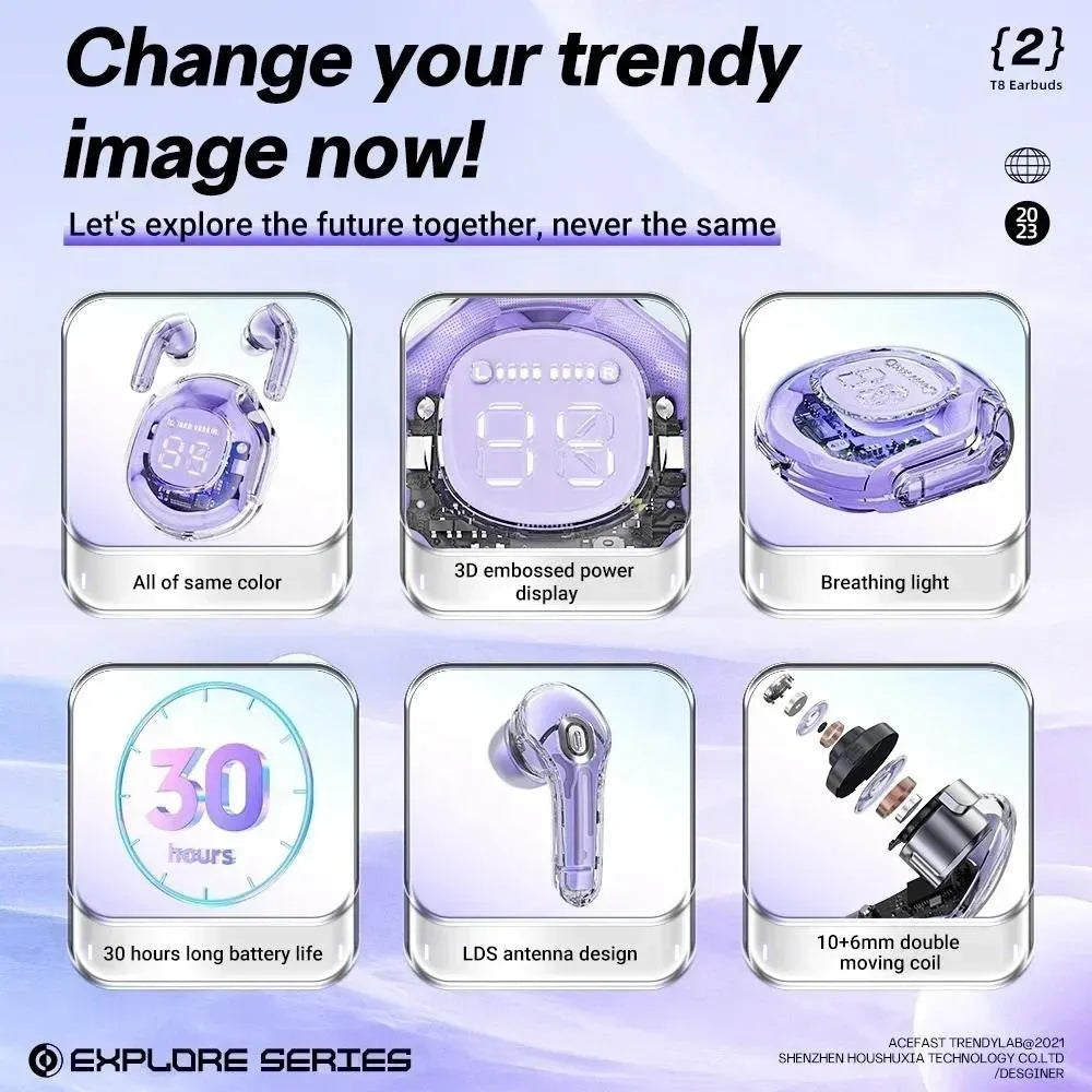 A wireless in-ear Bluetooth headset shown in one of its five colour options: white, black, pink, sky blue, or violet.