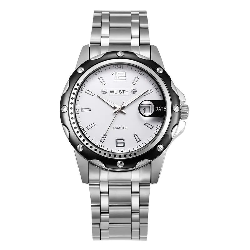 Men's waterproof quartz watch with calendar, black or white dial, steel or leather strap, 11mm thick
