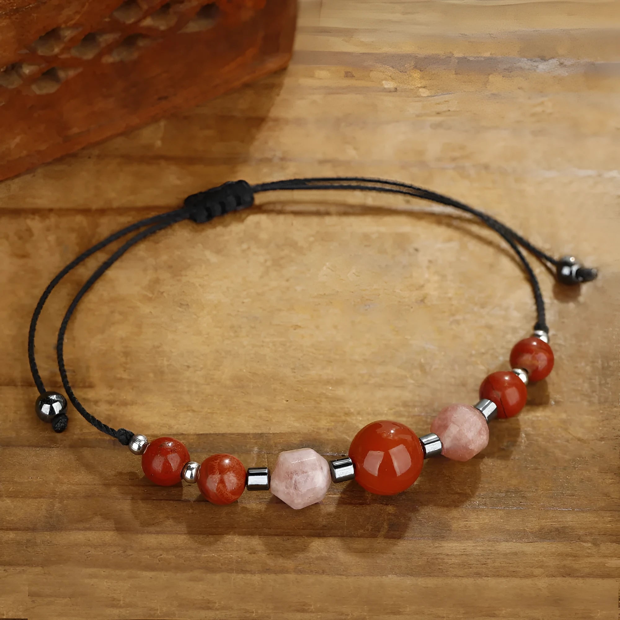 Handmade geometric bracelet with sunstone, redstone and copper beads