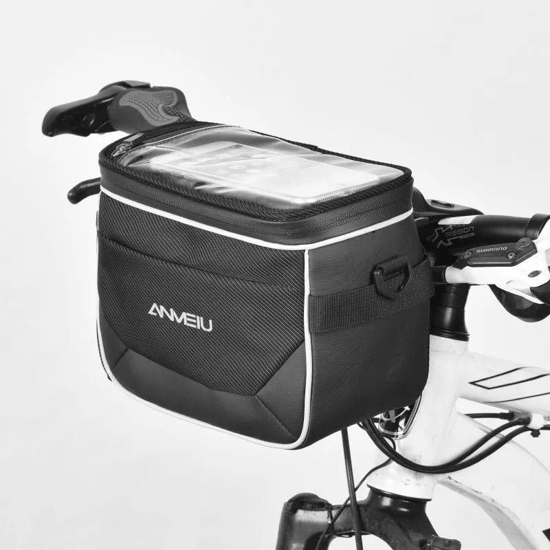 Black 7-inch bicycle handlebar bag with scooter head folding design mounted on bicycle