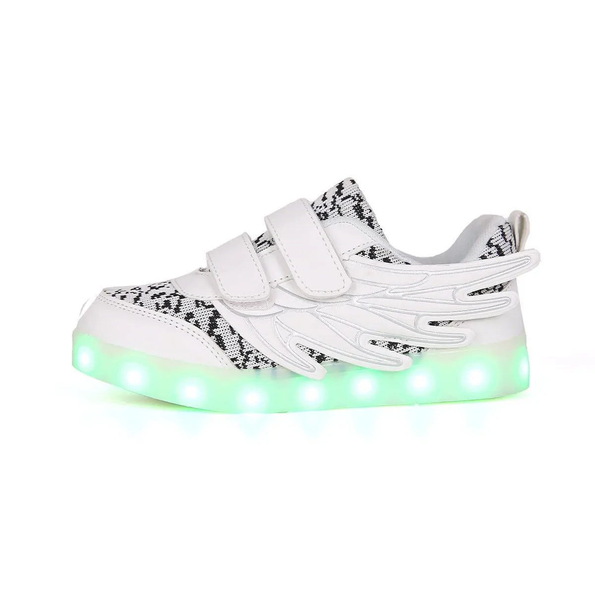 Children's plum red and white LED light-up sneakers with colourful winged lights, showing USB charging port.