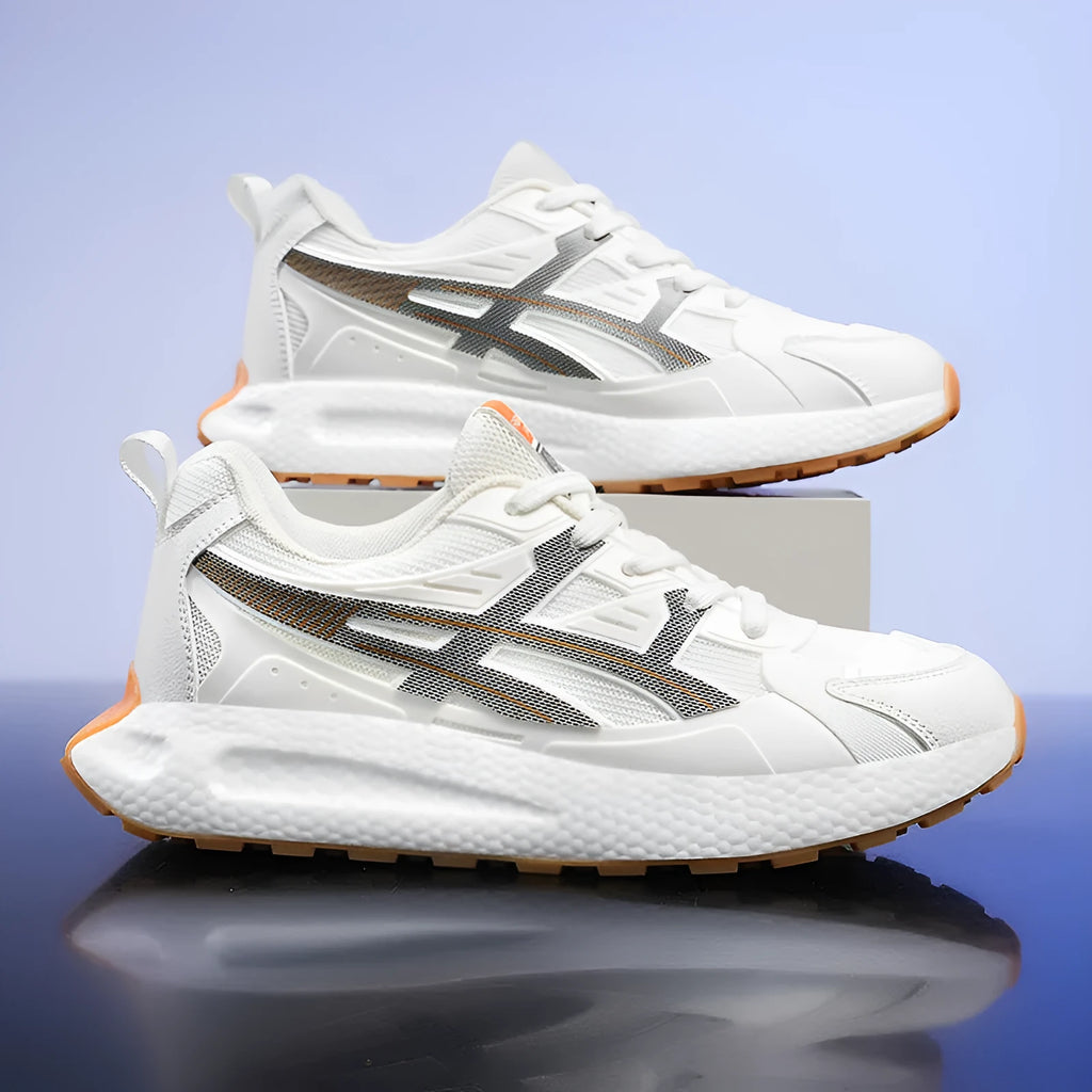 Casual non-slip popcorn shock absorption sneaker with KPU network upper in white, black, or light gray.