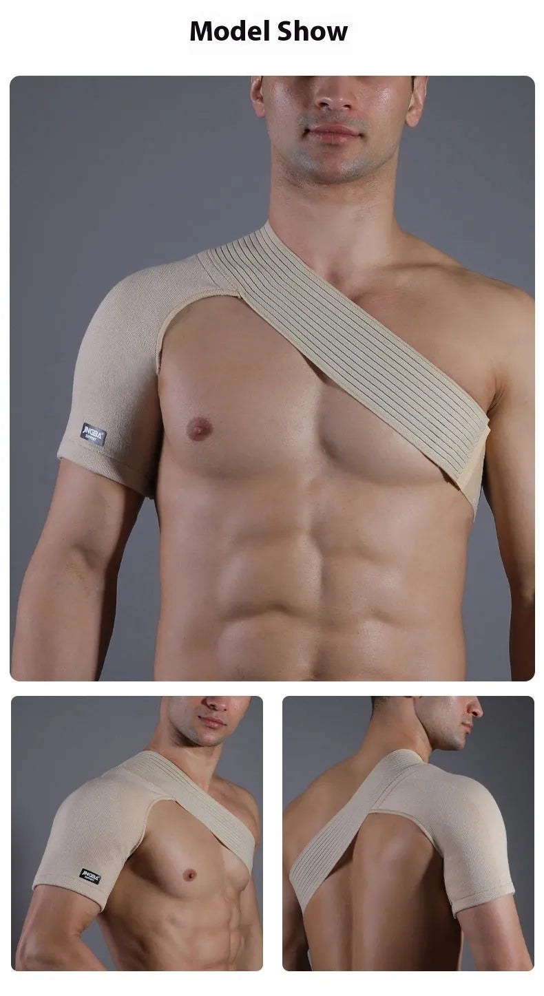 Adjustable skin-coloured sports shoulder support strap shown on a model for weightlifting and running.