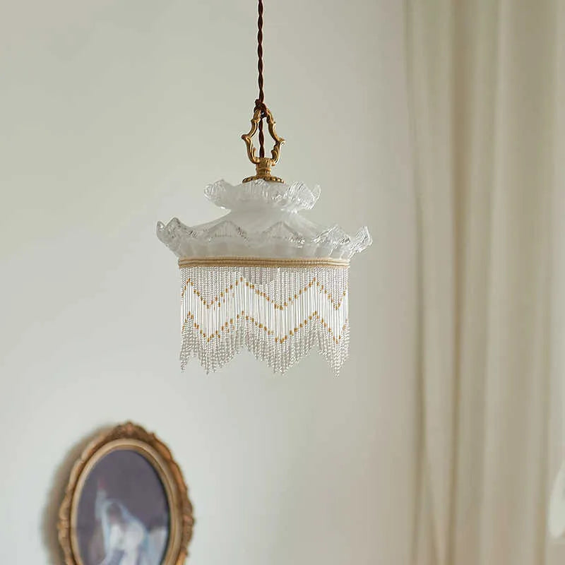 Tassel glass chandelier with copper lamp body, glass lampshade, and LED light source for dining room or bedroom