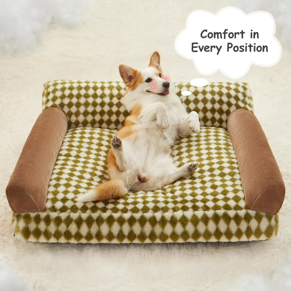Checkered grey and white pet couch bed for a small dog or cat, showing removable cover and non-slip bottom.