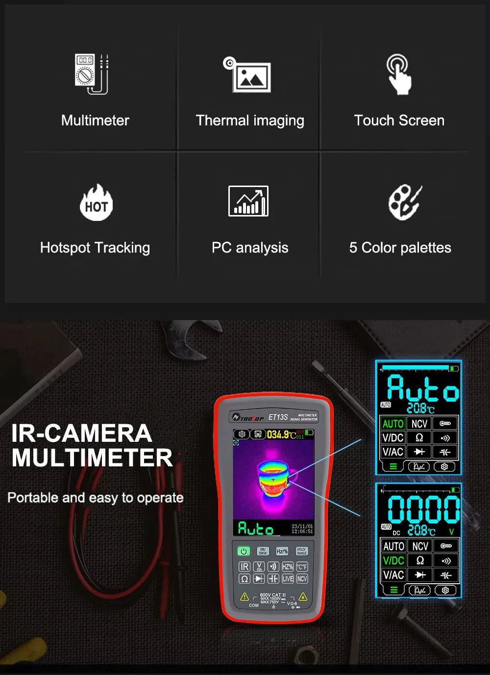 ET13S thermal imaging multimeter showing thermal camera display on its 2.8-inch screen.