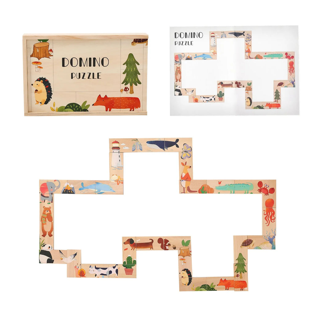 Wooden children's animal domino puzzle tiles with colourful illustrations, size 22.2 x 14.5 x 3.6 cm