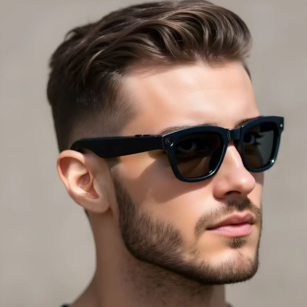 M01 intelligent video glasses with HD camera, shown with black lens option.