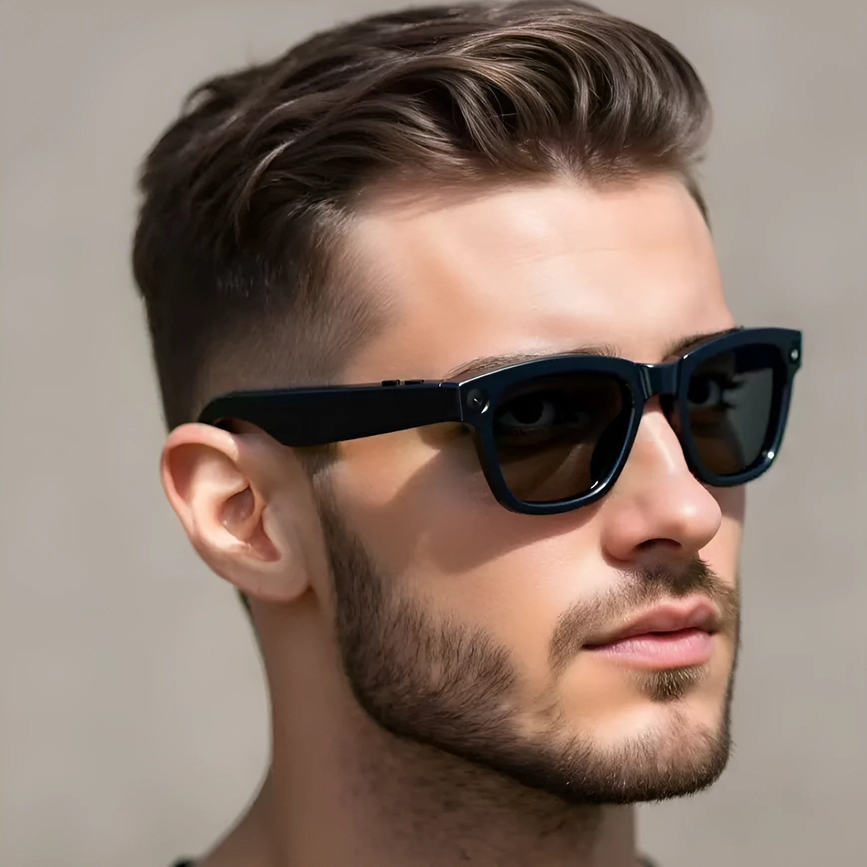 M01 intelligent video glasses with HD camera, shown with black lens option.