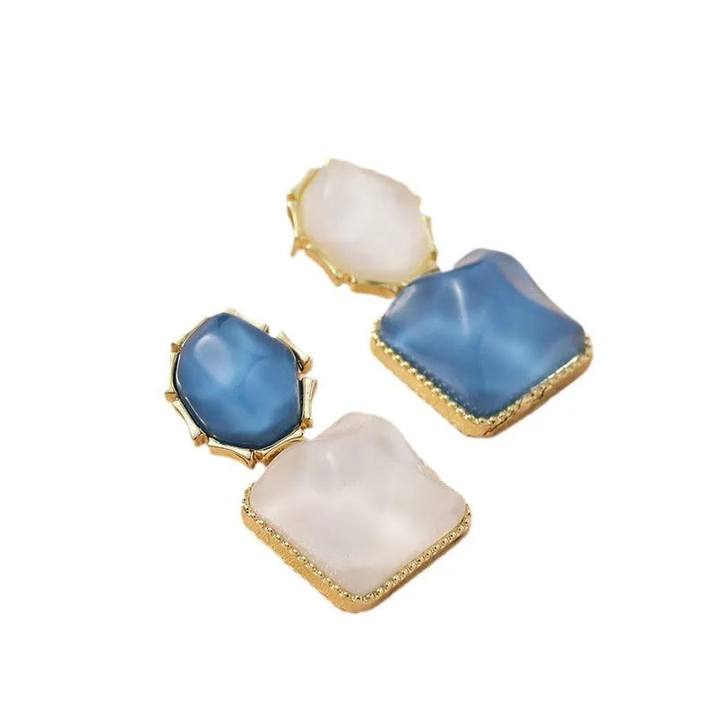 Contrast colour water ripple geometric square earrings for women, electroplated alloy, 7 colour options including sapphire blue and violet