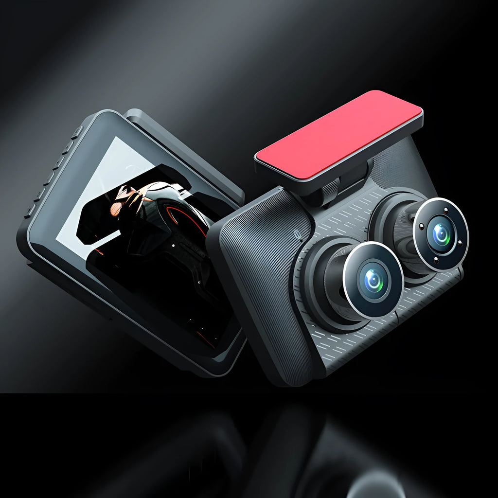 Black 4-inch touch screen car dash cam with wide-angle lens for front and back recording