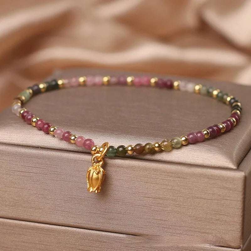 Natural tourmaline flower anklet for women with adjustable chain