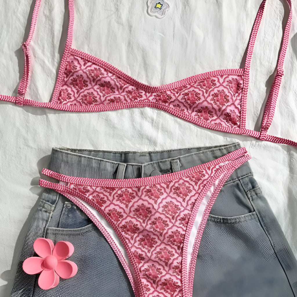 Pink printed two-piece swimsuit with shoulder straps and exposed back, top and shorts set, sizes S M L XL