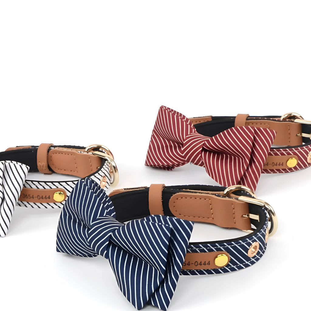 Cotton dog collar with detachable bow in dark blue colour with adjustable buckle fastening