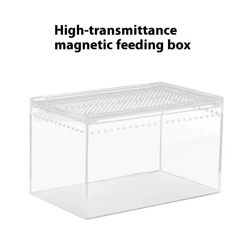 Transparent acrylic reptile feeding box showing five different size options on a white background.