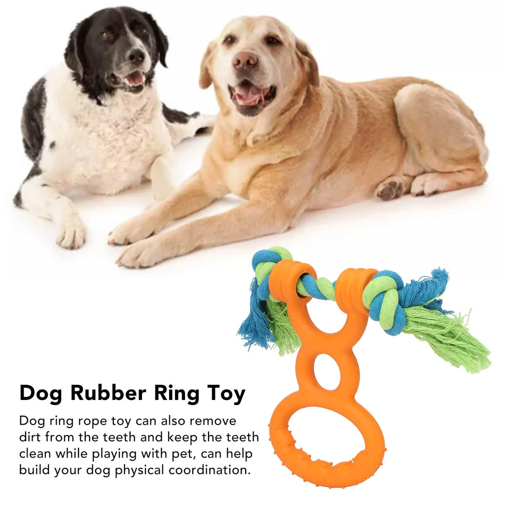 Dog rubber ring rope toy in orange colour with cotton rope handle on a white background