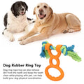 Dog rubber ring rope toy in orange colour with cotton rope handle on a white background