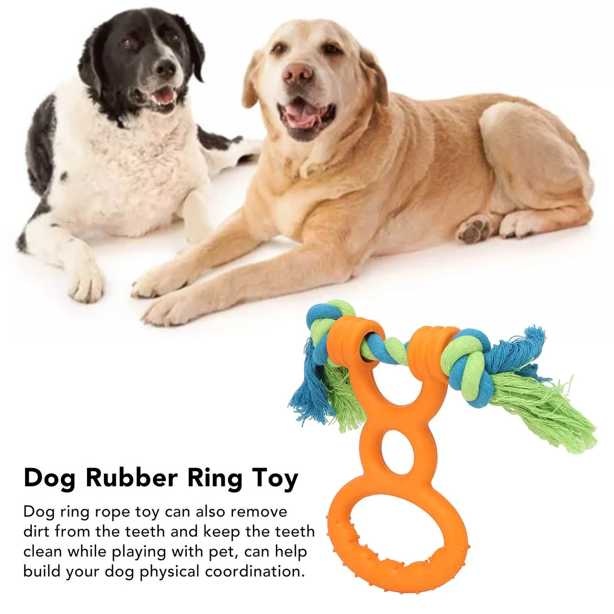 Dog rubber ring rope toy in orange colour with cotton rope handle on a white background