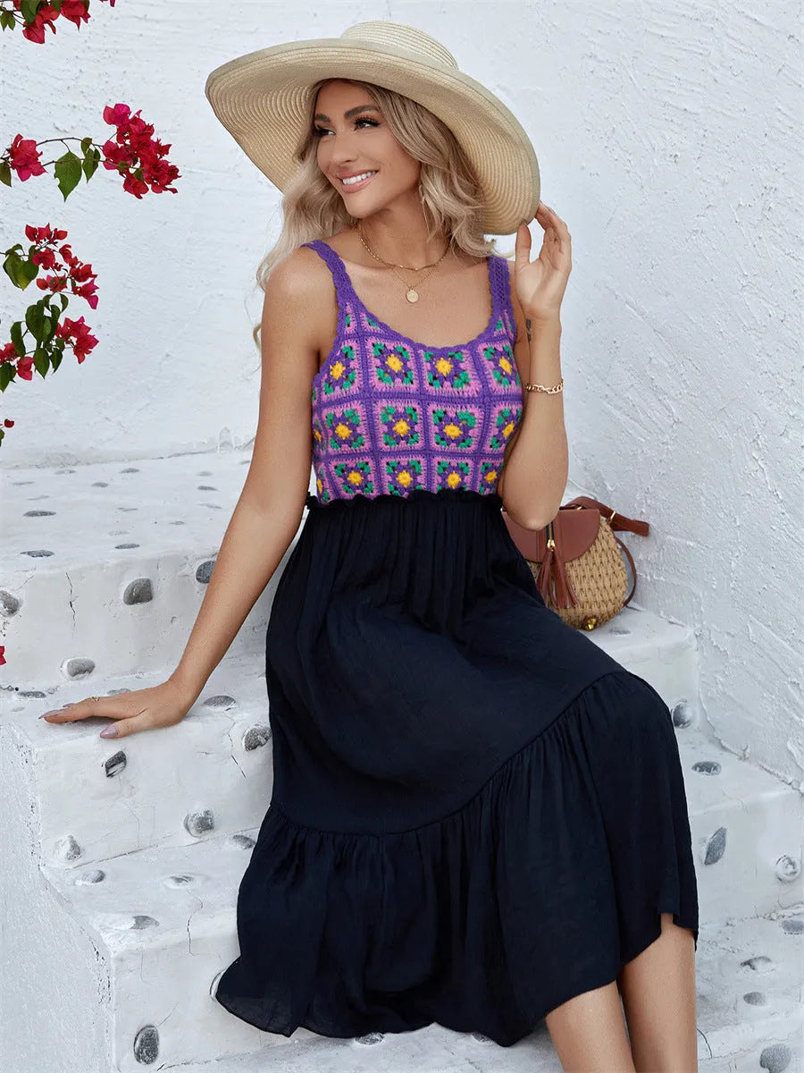 Purple women's sleeveless dress with hand hook flower stitching on cotton blend fabric, acrylic skirt.