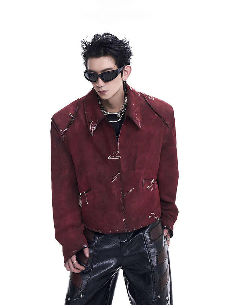 Men's red quilted jacket with decorative pin flocking design and lapel collar