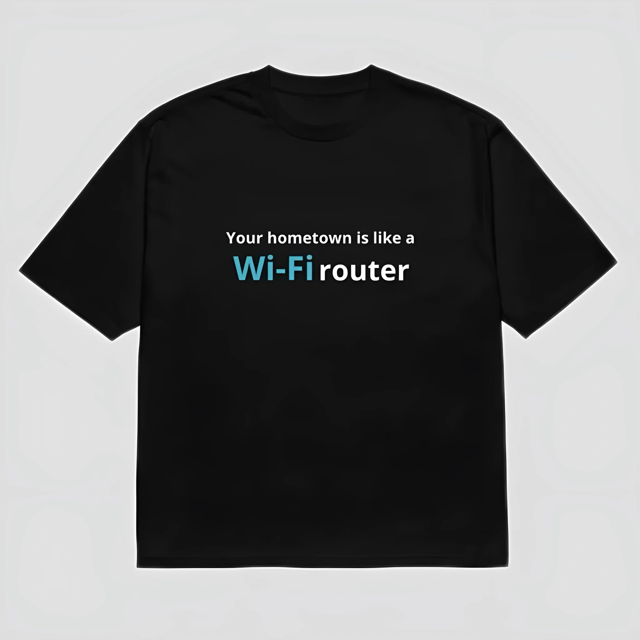 Black men's t-shirt with a colourful 3D digital cartoon print on the front, showing loose fit.