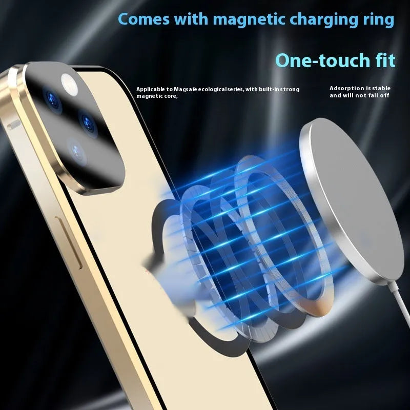 Magnetic metal iPhone case in black with shockproof design for iPhone 14, 15 and 16 models.