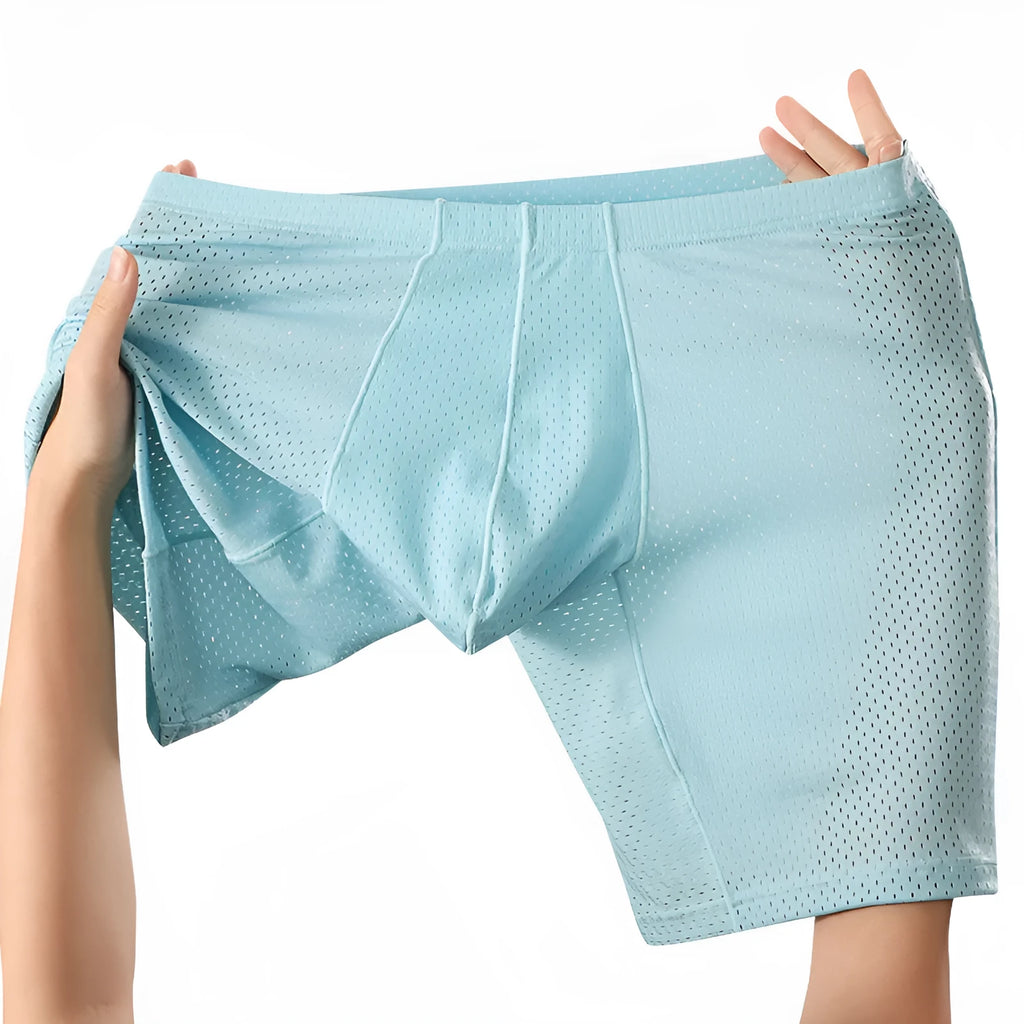 Men's nylon mesh boxer shorts in transparent lengthened design, mid-waist sports underwear, sizes M to XXL.