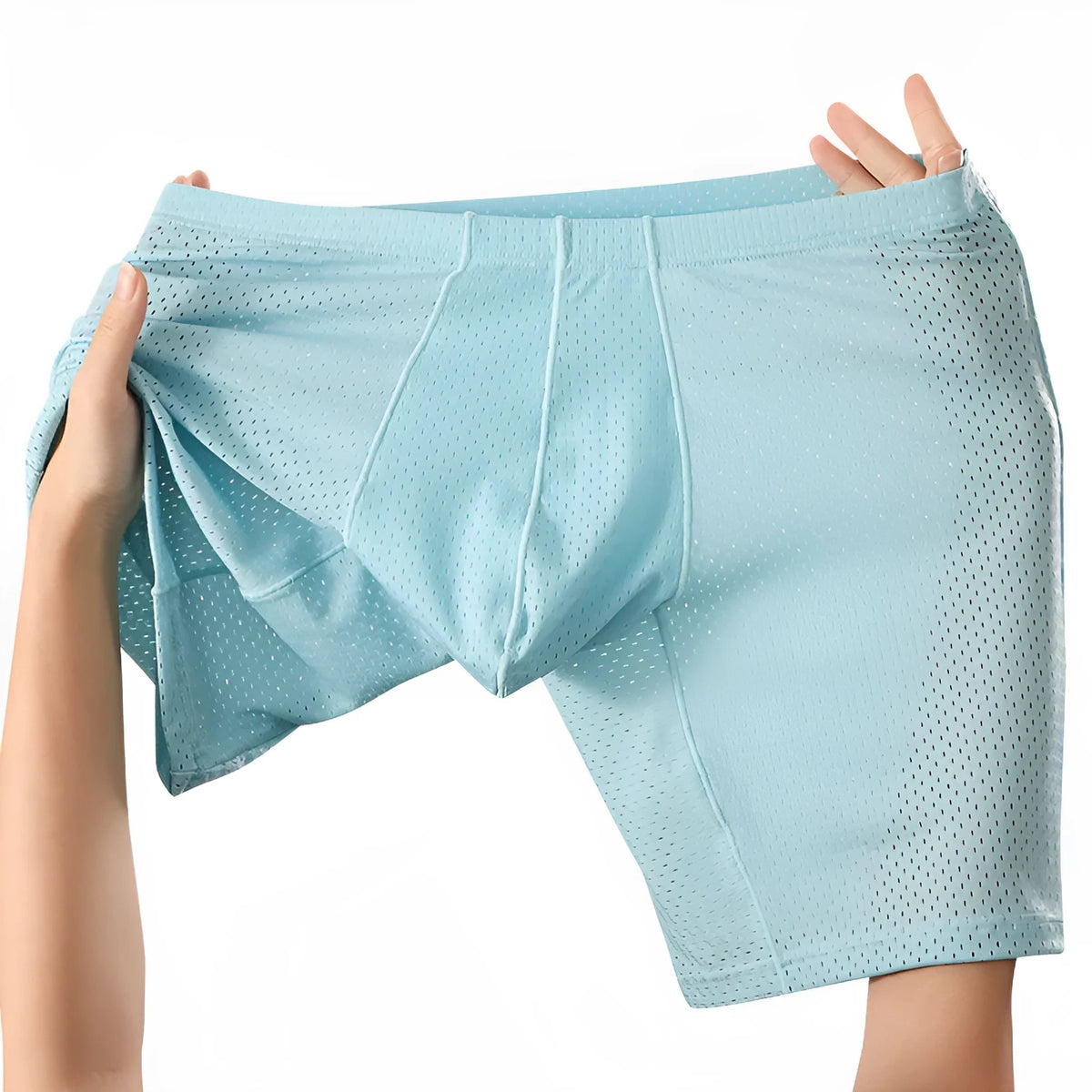 Men's nylon mesh boxer shorts in transparent lengthened design, mid-waist sports underwear, sizes M to XXL.