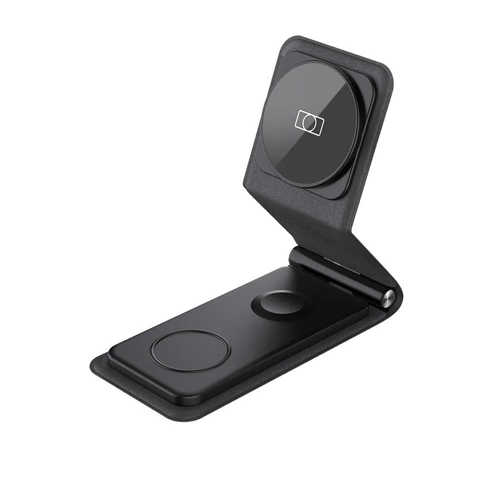 3-in-1 folding wireless charger in black with Type-C input, 25W output power, and multiple device charging