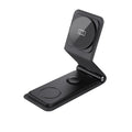 3-in-1 folding wireless charger in black with Type-C input, 25W output power, and multiple device charging